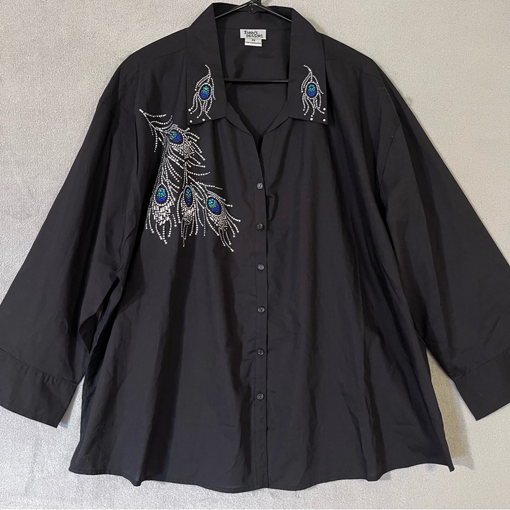 Isaac’s Designs Black Button Up Shirt Womens 3X Sparkly Peacock Feather Design